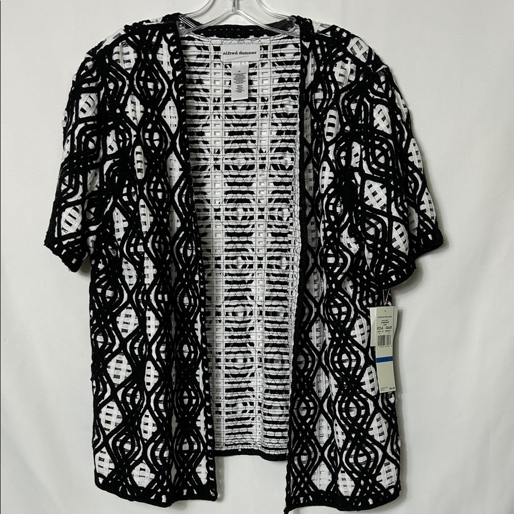 Alfred Dunner Black White Open-Front Women’s Size XL Woven Pattern Jacket Top